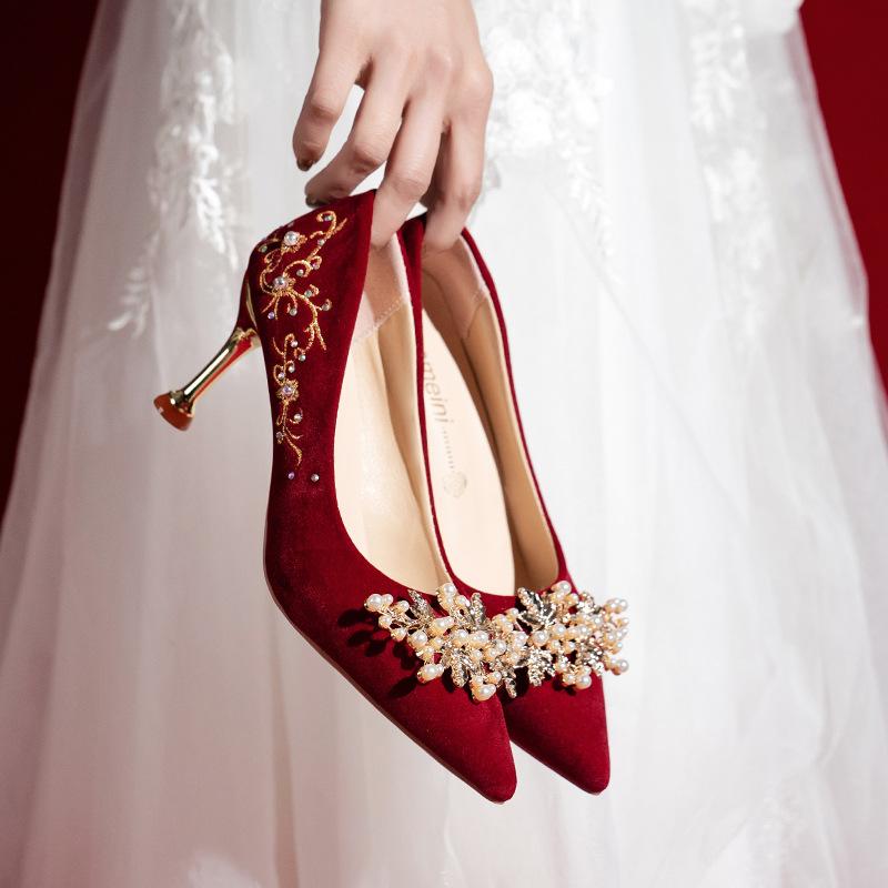 Red wedding shoes women's thin heels rhinestone wedding bride shoes autumn new high heels engagement show he wedding dress shoes