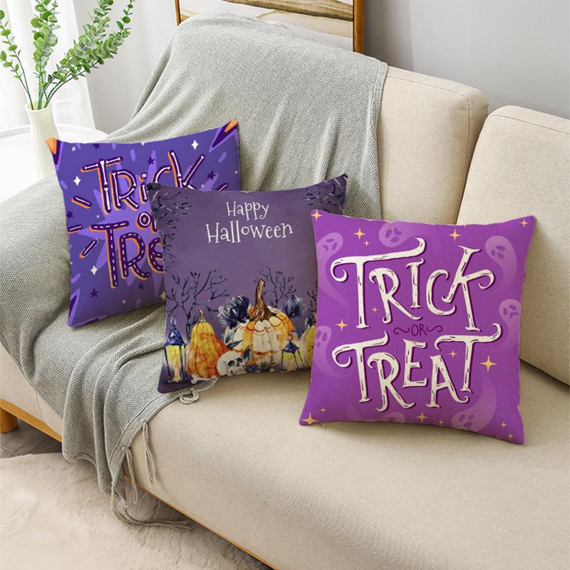 Colorful Halloween Trick Or Treat Dwarf Skull Pumpkin Linen Throw Pillowcase Decorative Cushion Cover For Sofa Living Room Party