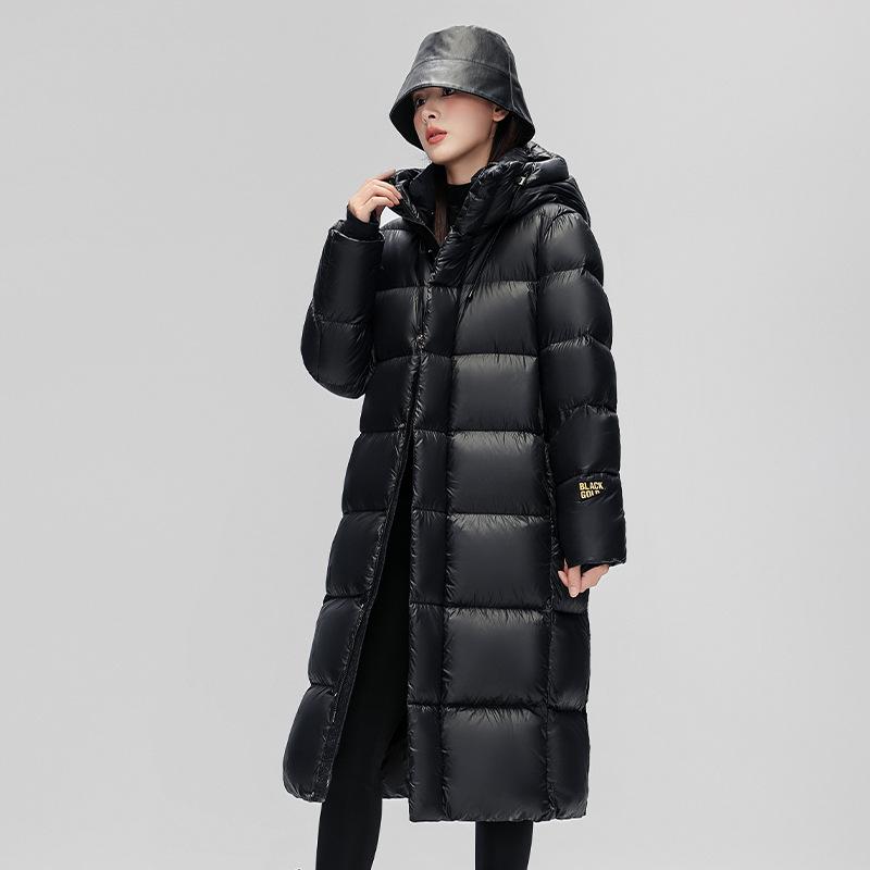 Black gold down jacket men's long knee goose down jacket thickened new winter Northeast sub-zero coat women