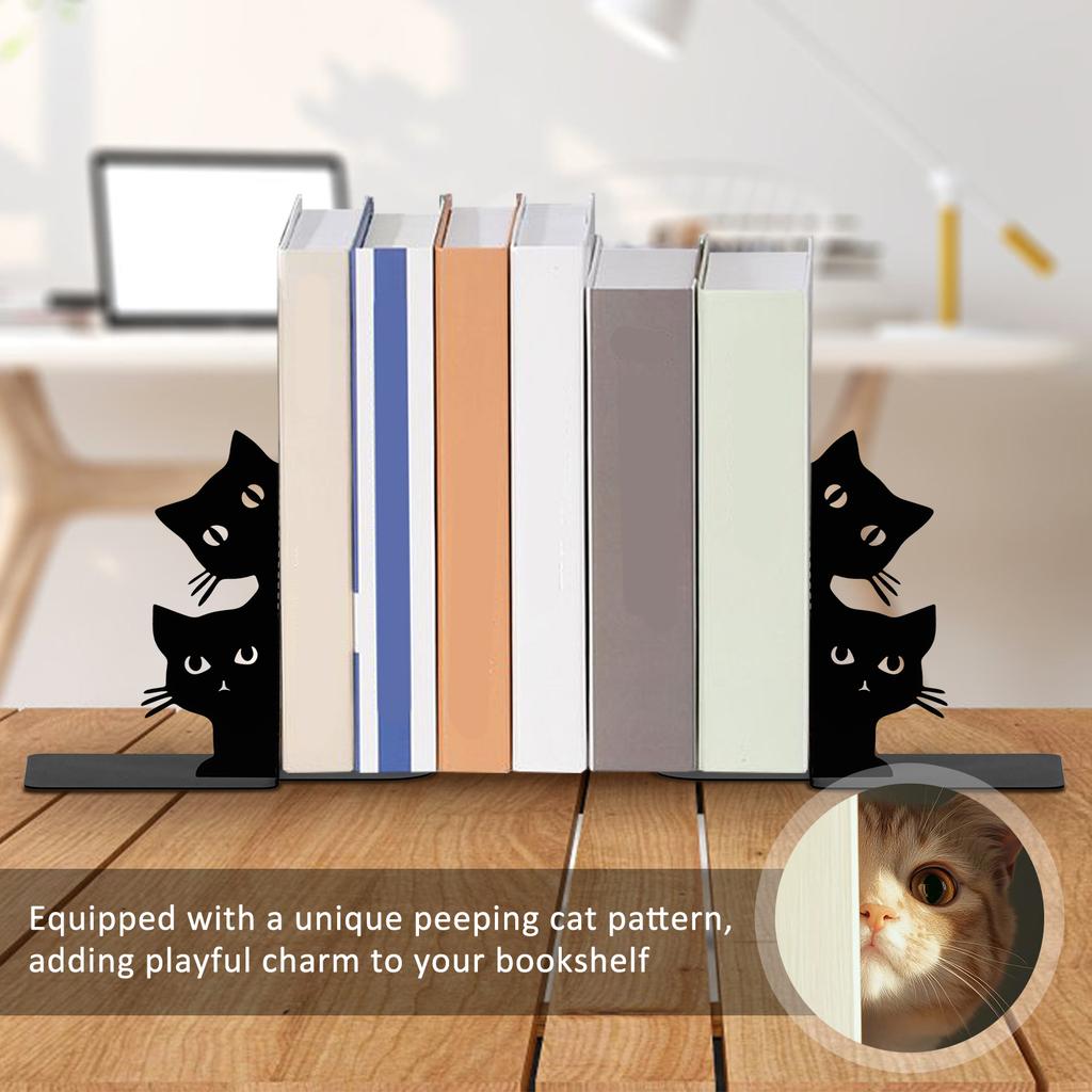 Cute Cat Metal Bookends Peeping Cat Book Ends for Shelves Bookshelf Decorative Home Office Desk Bookshelf Decor Black Bookends