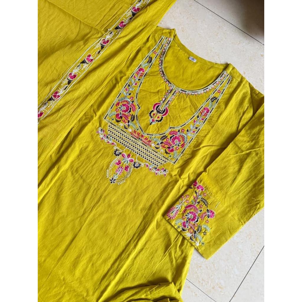 Premium Cotton Embroidery Kurti Pant Dupatta Set Indian Bollywood Ethnic Suit