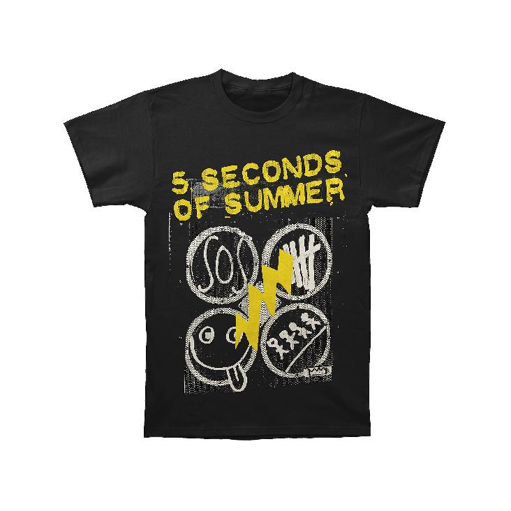 Affordable Crew Neck Graphic T-Shirts for Men, Featuring The Pop Punk Rock Band 5 Seconds of Summer. This Black Short-Sleeve Tee Is Decorated with a