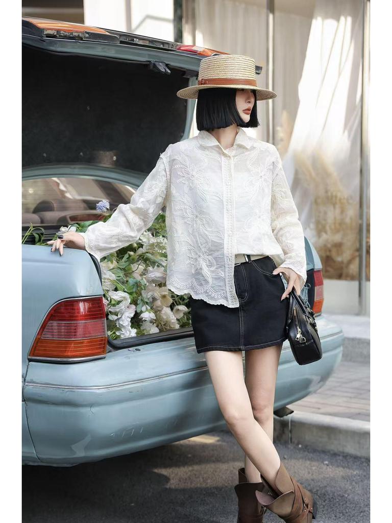 Korean Style Casual Embroidered Long Sleeve Shirt with Irregular Polo Collar