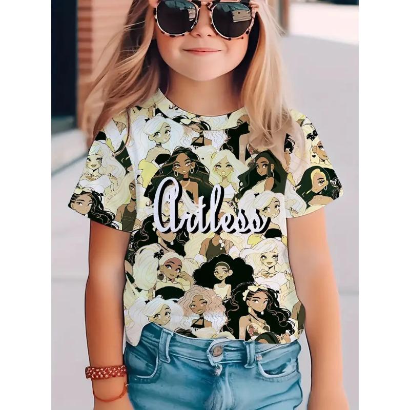 

Детские футболки с принтом «Мультяшная девочка» Футболка с короткими рукавами и круглым вырезом, летняя, модная, повседневная, удобная рубашка 170