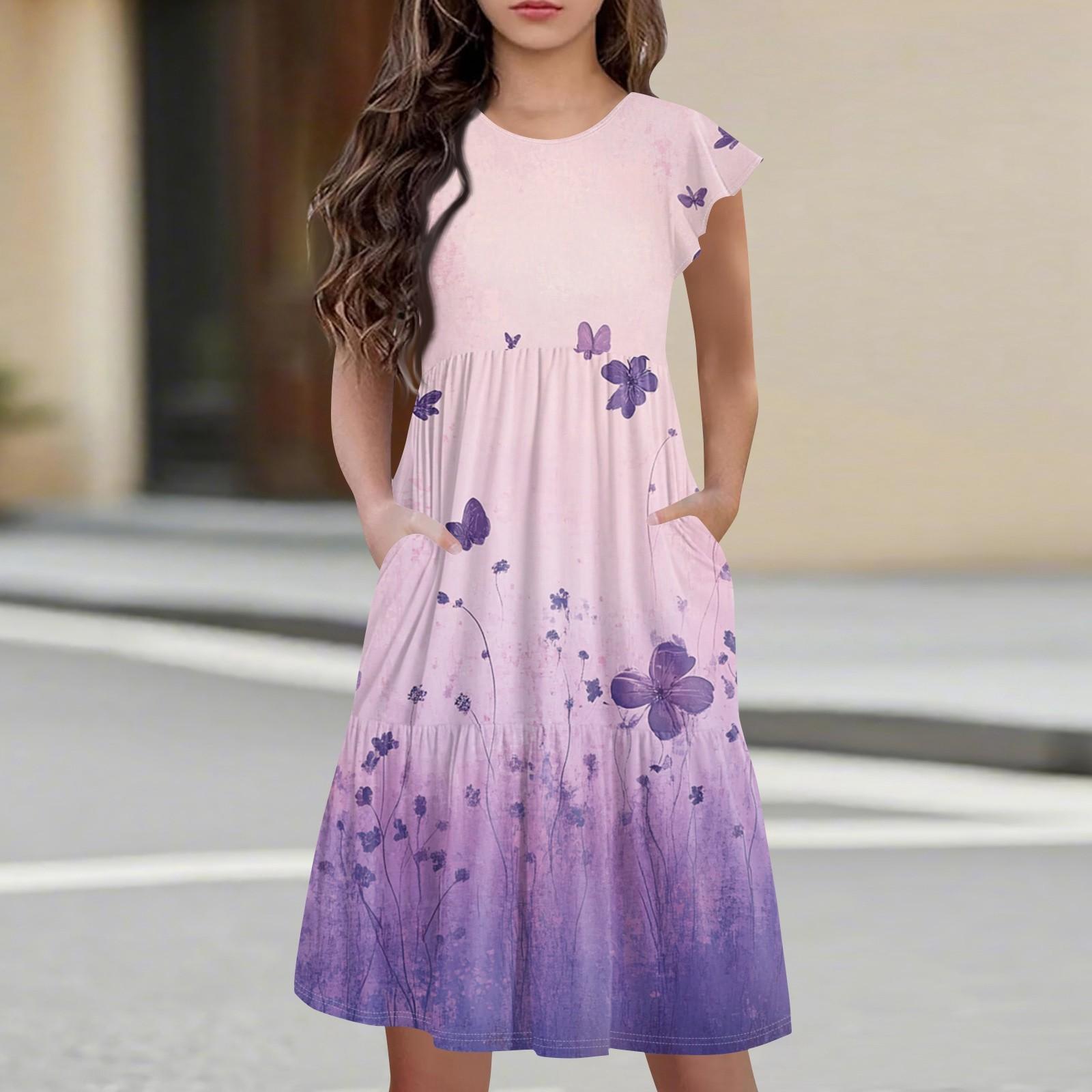 Children s Skirt Round Neck Pleated Flying Sleeve Short Sleeve Princess Skirt Fashion Casual Pocket Dress For Girls 90
