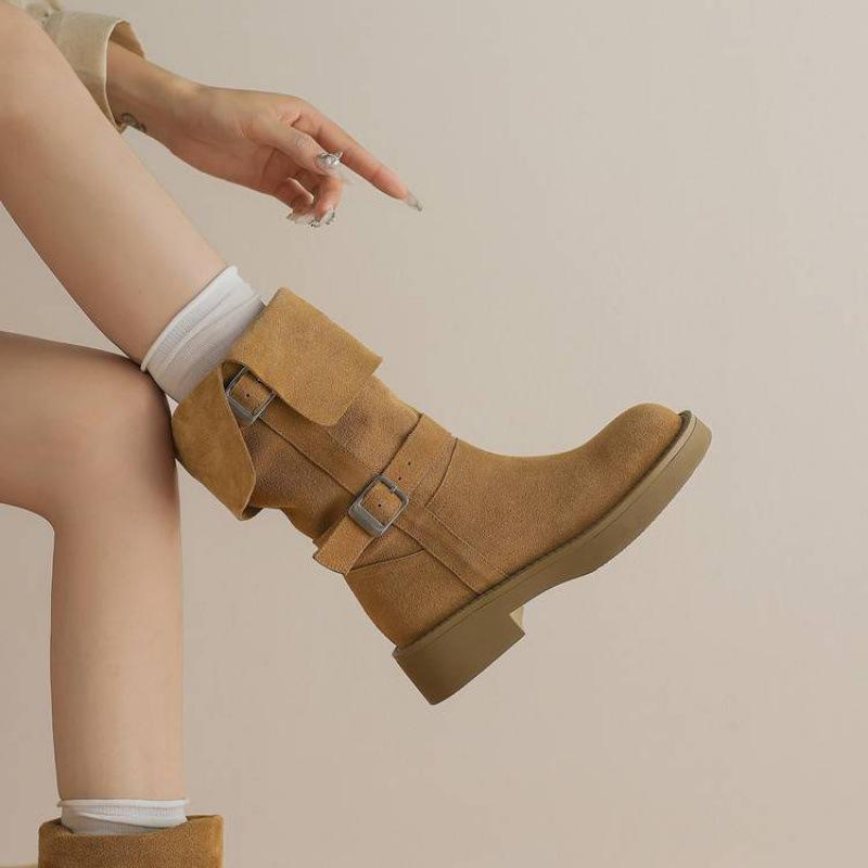 

New women s leather boots round head large size women s boots cow anti-velvet square heel round head Martin boots autumn and winter leather medium bo 40