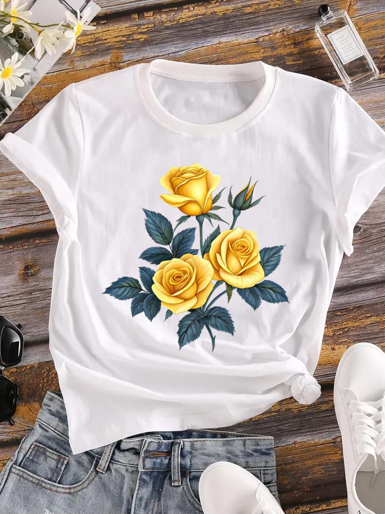 (Asian Size) sweet flower trend Printed Female Top T Shirt Clothing Lady o-neck Short Sleeve T-shirts Casual Fashion Women Graphic Tee