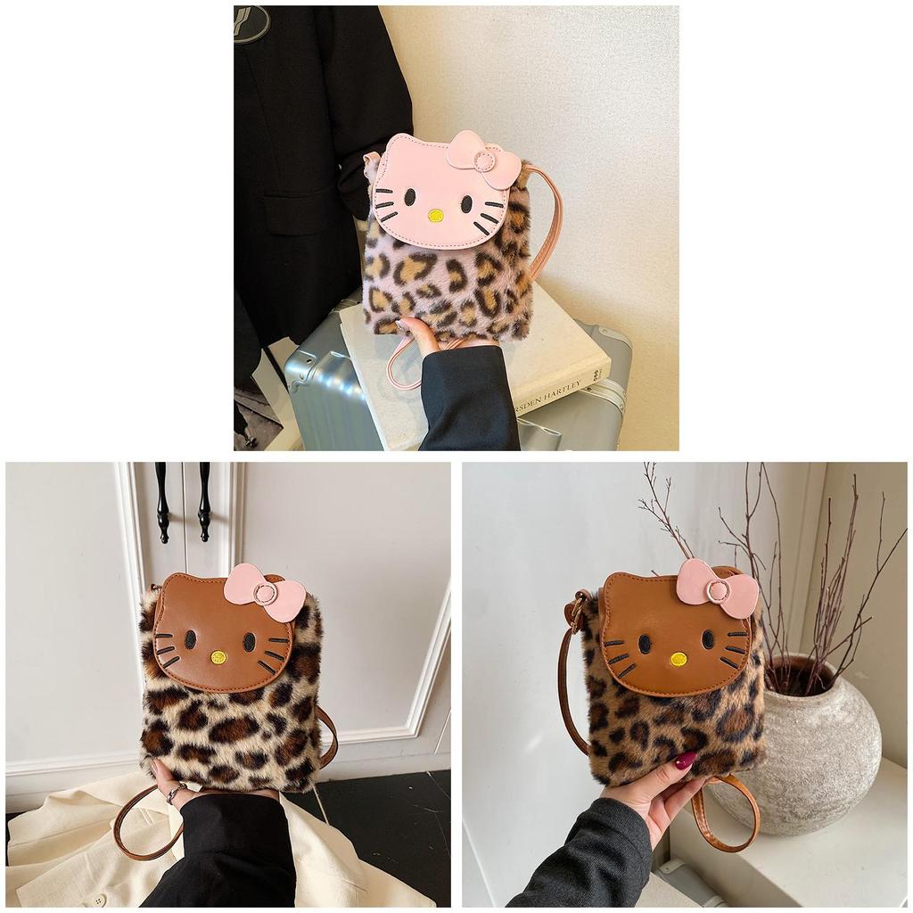 Hello Kitty Fashionable Unisex Nylon Crossbody Bag With Leopard Pattern And Inner Phone Slot For Daily Use
