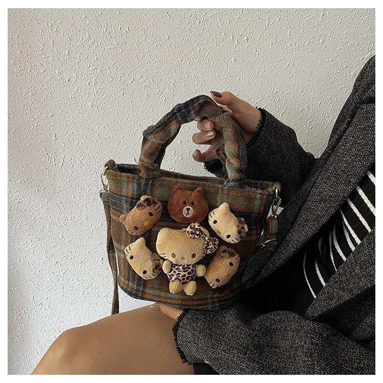 IELGY Fashion Cute Doll Handbag Autumn Winter Woolen Check Bucket Bag Large Capacity Crossbody Bag