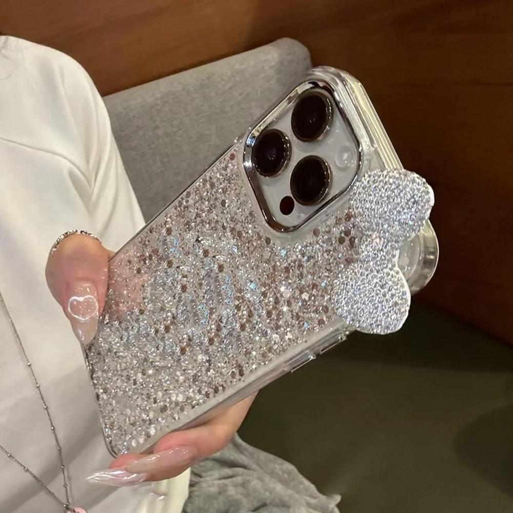 Luxury Rhinestone Bow Epoxy Sequins Phone Case For iPhone 17 16 15 14 13 12 11 Pro Max Plus Cute Bling Shockproof Bumper Cover