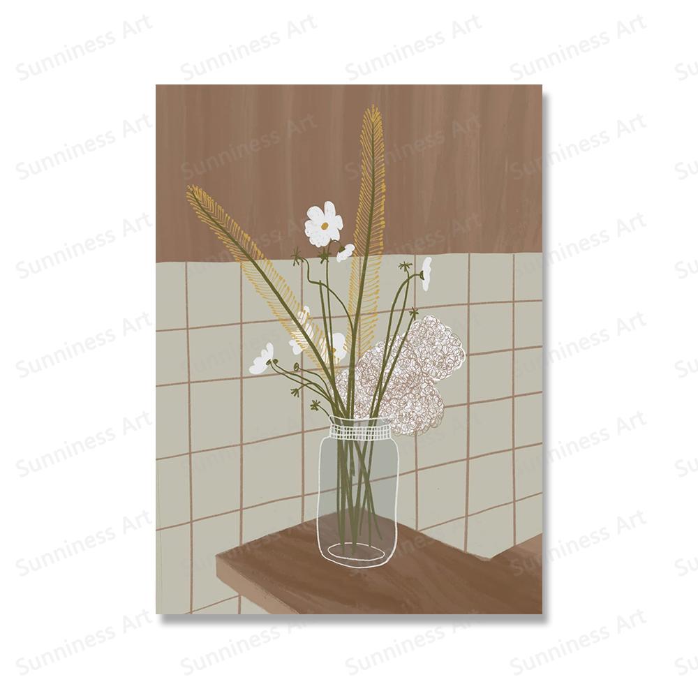 Japanese Lucky Cats Wall Art Botanical Flowers Vase Poster And Print Abstract Animal Pictures for Home Bedroom Living Room Decor