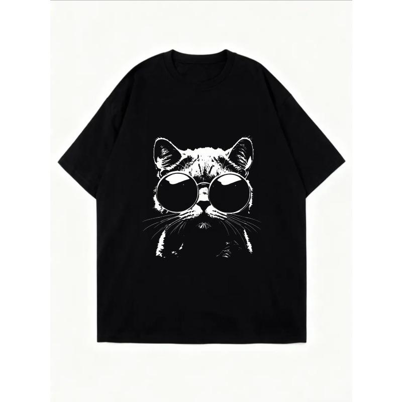 Weißes Oversized T-Shirt mit Katze mit Sonnenbrille Print für Freizeitkleidung