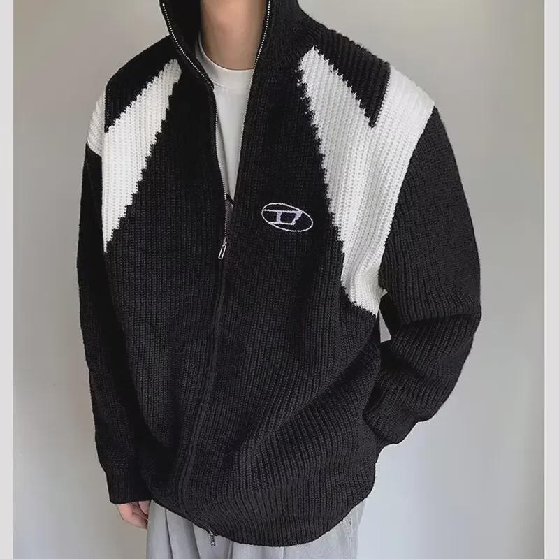 Cardigan cu fermoar pentru bărbați în stil american: Pulover tricotat trendy de stradă cu guler înalt, mâneci lungi, lejer și larg, toamnă/iarnă