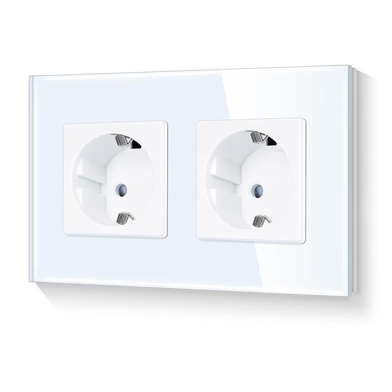 European Standard 16A Wall Socket, Model 157, with Tempered Glass Panel, 250V, Double Socket for Round Box Installation