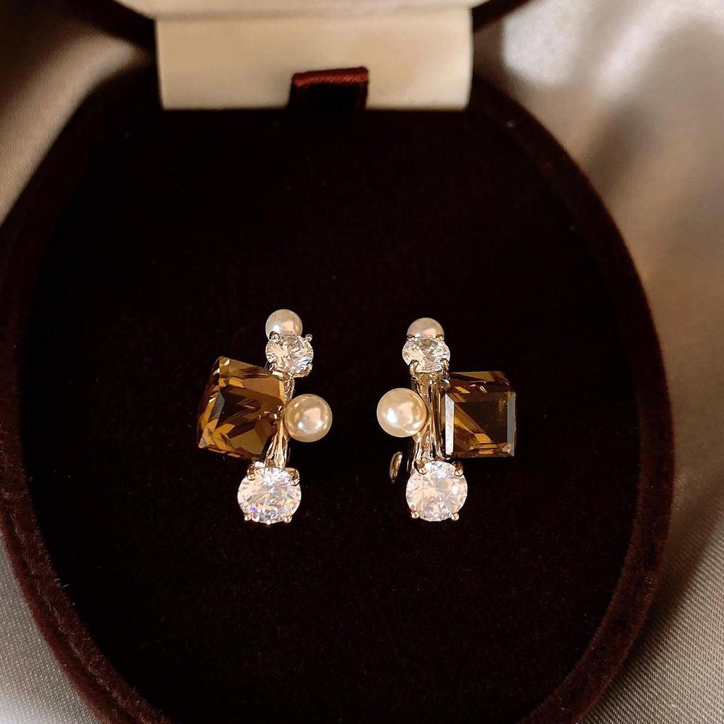 Maillard Coffee Color Amber Earrings Women's Autumn and Winter High-end Commuter Style Earrings Light Luxury Niche Design Earrings