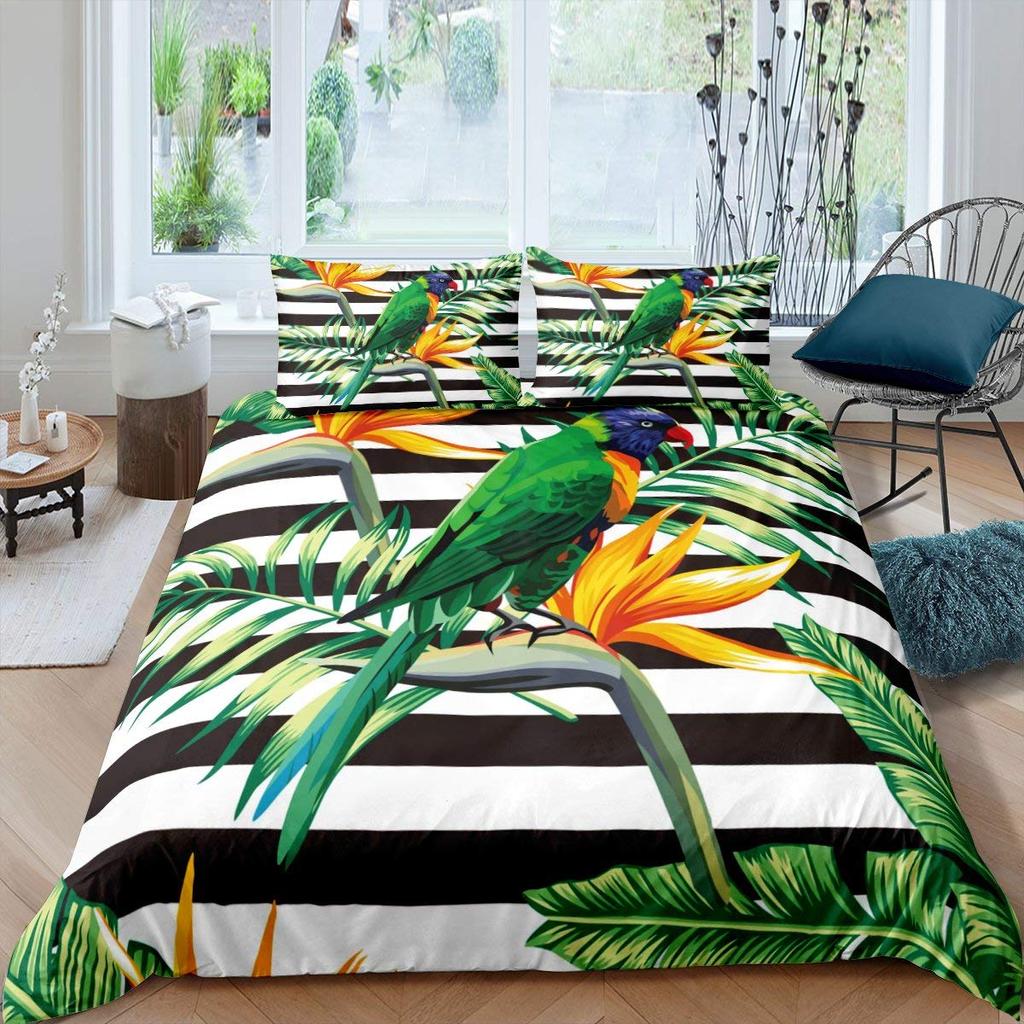 Parrot King Queen Duvet Cover Colourful Feather Bedding Set Rain Trees Bird Quilt Cover Sunset Mountain Natural Comforter Cover