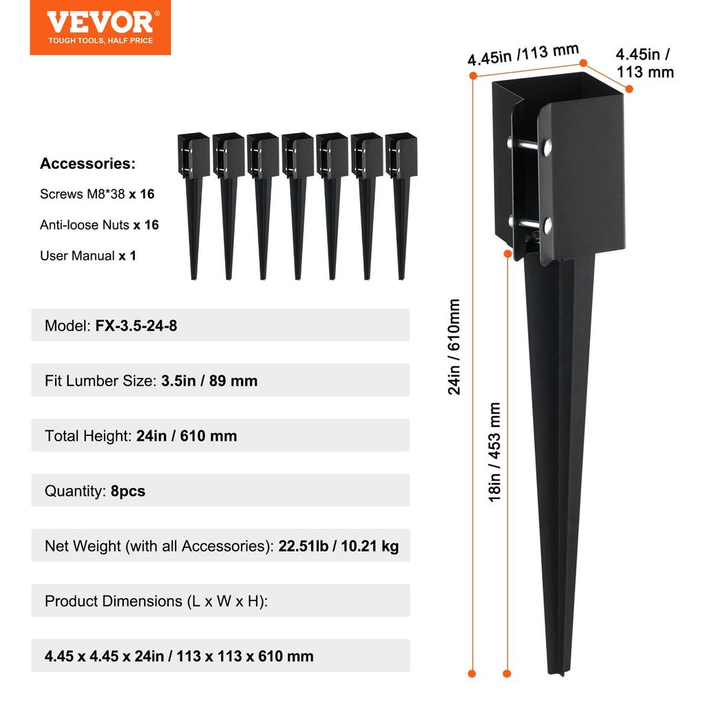 VEVOR Fence Post Anchor Ground Spike, 8 Pack 24 x 4 x 4 Inches/61 x 10.2 x 10.2 cm Outer Diameter (Inner Diameter 3.5 x3.5 Inches/ 8.9 x 8.9 cm)