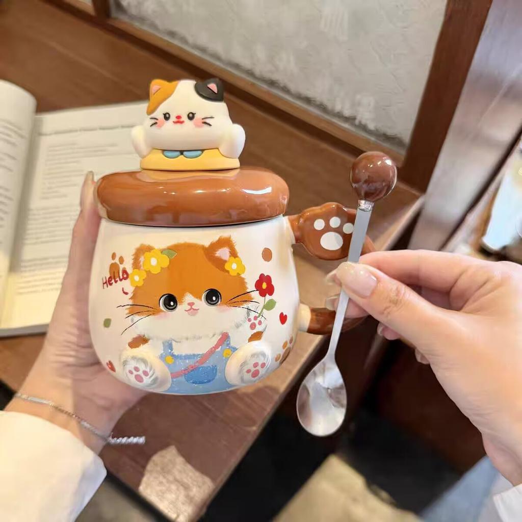 Cat Mug with Lid Spoon High Value Cute Cup Ceramic Water Cup for Women Home Large Capacity Breakfast Cup for Children