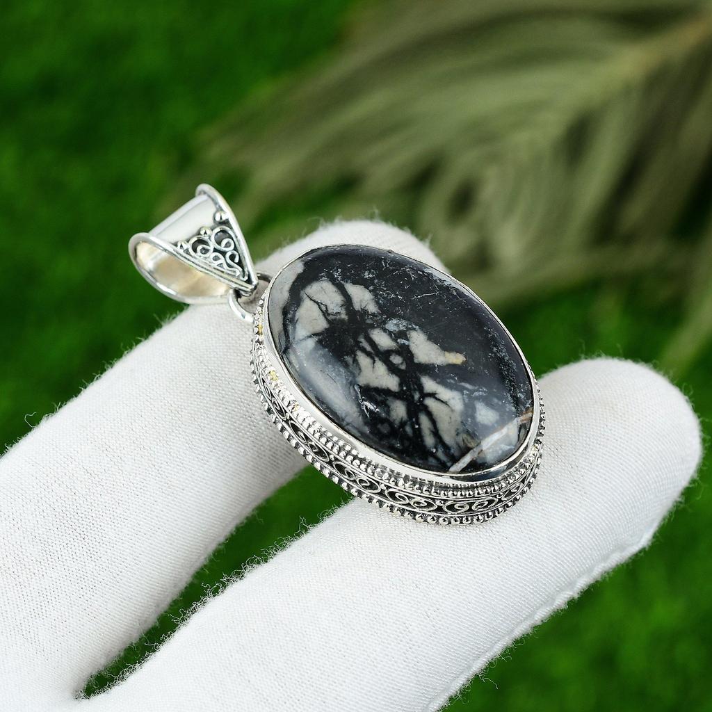 Sterling Silver Picasso Jasper Stone Bezel Vintage Anniversary Pendant Jewelry