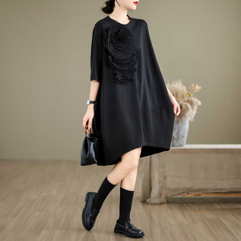 Pleated Three-dimensional Flower Short-sleeved T-shirt Dress Summer Light Luxury French Loose Chic Dress