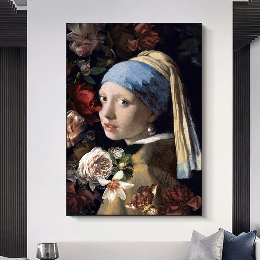 Het meisje met de parel oorbel bloem beroemde kunst canvas schilderijen reproducties posters en prints muurschildering voor huisdecoratie