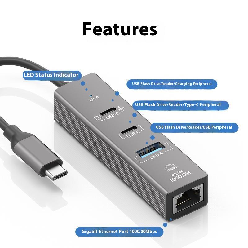 4 In 1 Gigabit Ethernet Adapter 1000 Mbps LAN USB 3.0 Data Transfer PD 100W Charging Type C Hub
