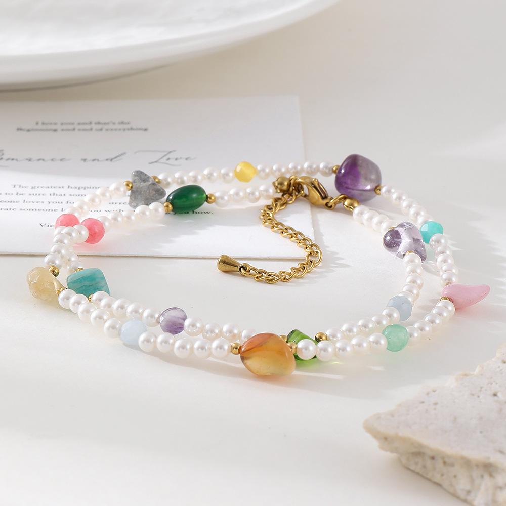 GEMCHIC Women's Summer Colorful Natural Stone Beaded Necklace, Sweet Korean Style Glass Pearl Choker