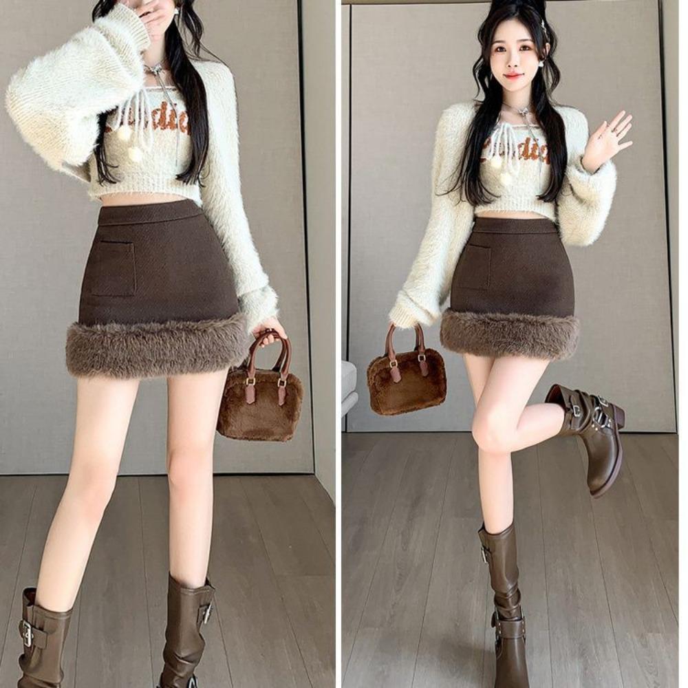 Sukně ve tvaru A Dámská Zimní Nová Sukně s vysokým pasem Krátká Vlněná Elegantní S přišitím Boková Sukně