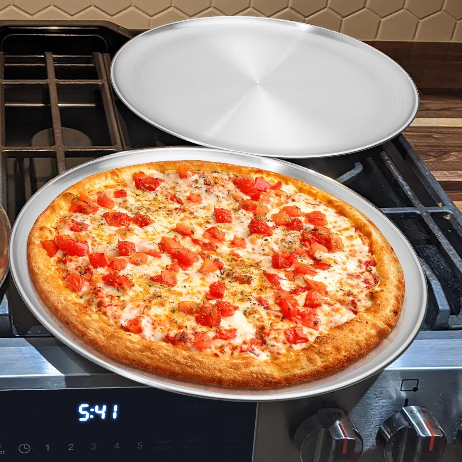 Kevenal Stainless Steel Pizza Pans 17.75 inch, Pizza-Pan for Oven, Steel Pizza Tray, Round Pizza Plate Pack of 1 (Oversize for 6-person Meal)