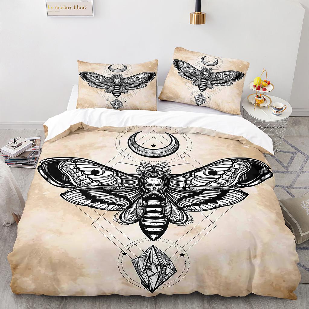 Death Moth Duvet Cover Set Queen Size Gothic Skull Boho Comforter Cover Black And White Skeleton Decorative Soft Bedding Set