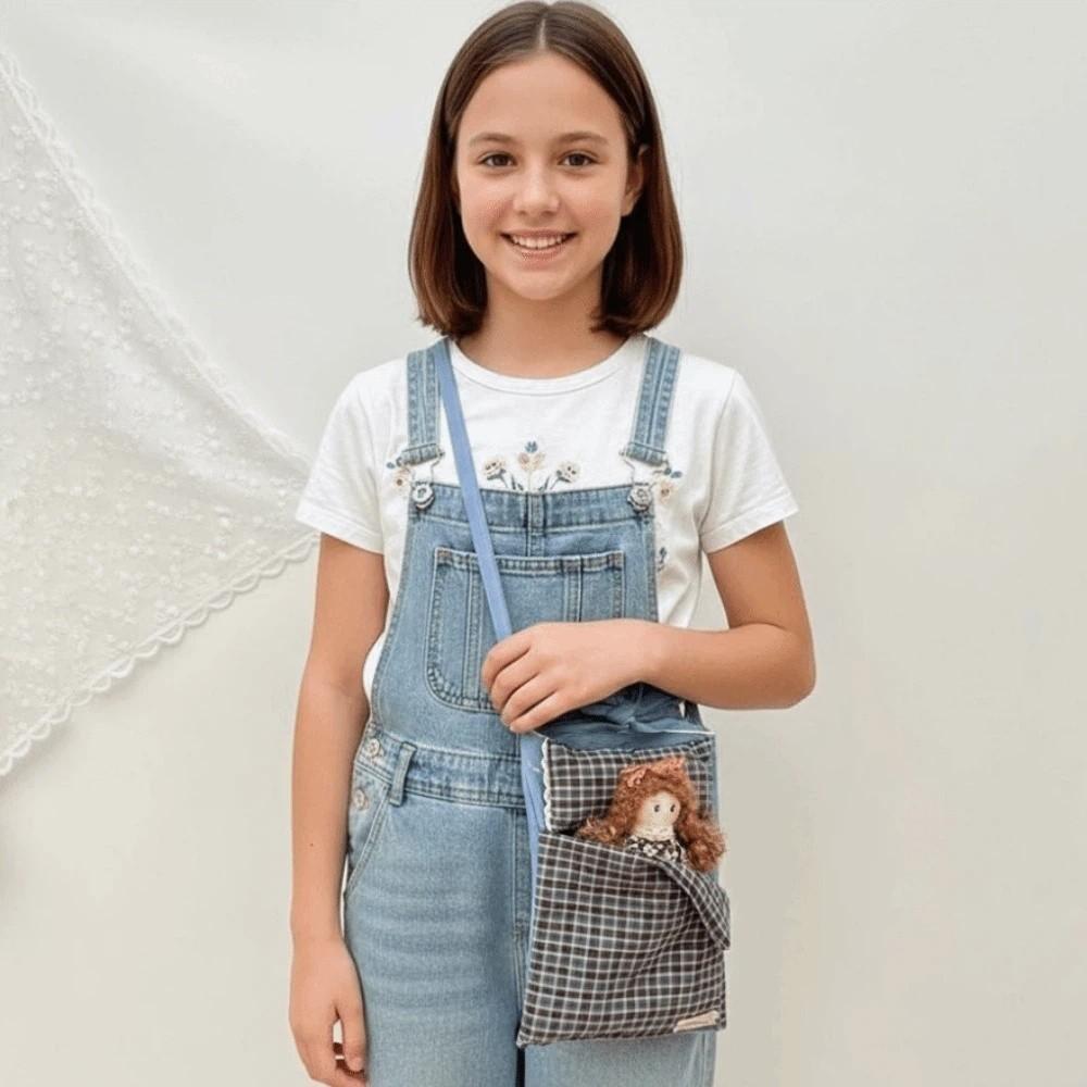 Adjustable Strap Lace Plaid Cloth Pouch Large Capacity Countryside Style Pillow Crossbody Bag Polyester Sweet