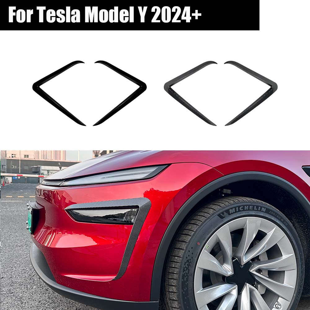 For New Tesla Y 2024+ Front Bumper Spoiler Fog Lamp Hoods Modification Trim Cover Air Knife Splitter Body Kit Tuning