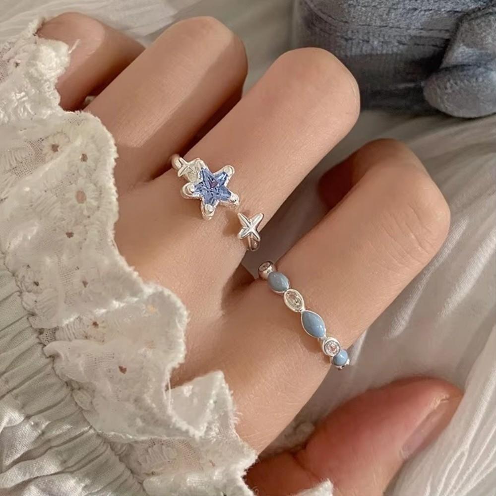 Sweet and Cool Blue Flower Rings Adjustable Geometric Fine Silver Rings Party Birthday Gift Women Jewelry Water Drop Open Ring