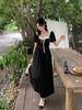 French large size dress, fat MM summer dress, new temperament, waist and thin square neck coffee break skirt