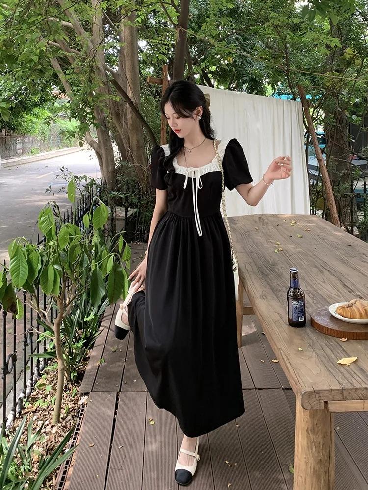 French large size dress, fat MM summer dress, new temperament, waist and thin square neck coffee break skirt