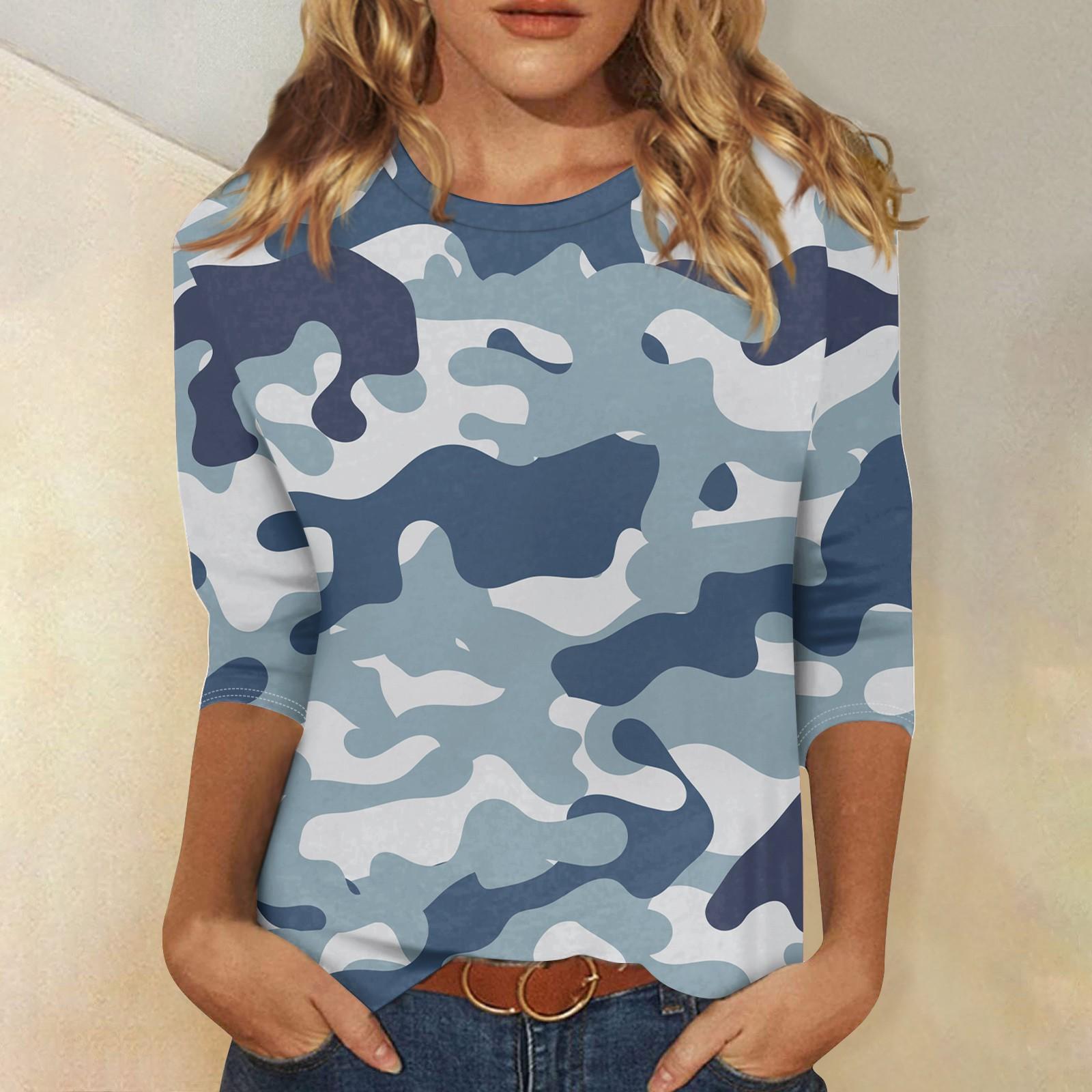 

Женская модная повседневная футболка с круглым вырезом и камуфляжным принтом, семь рукавов XL