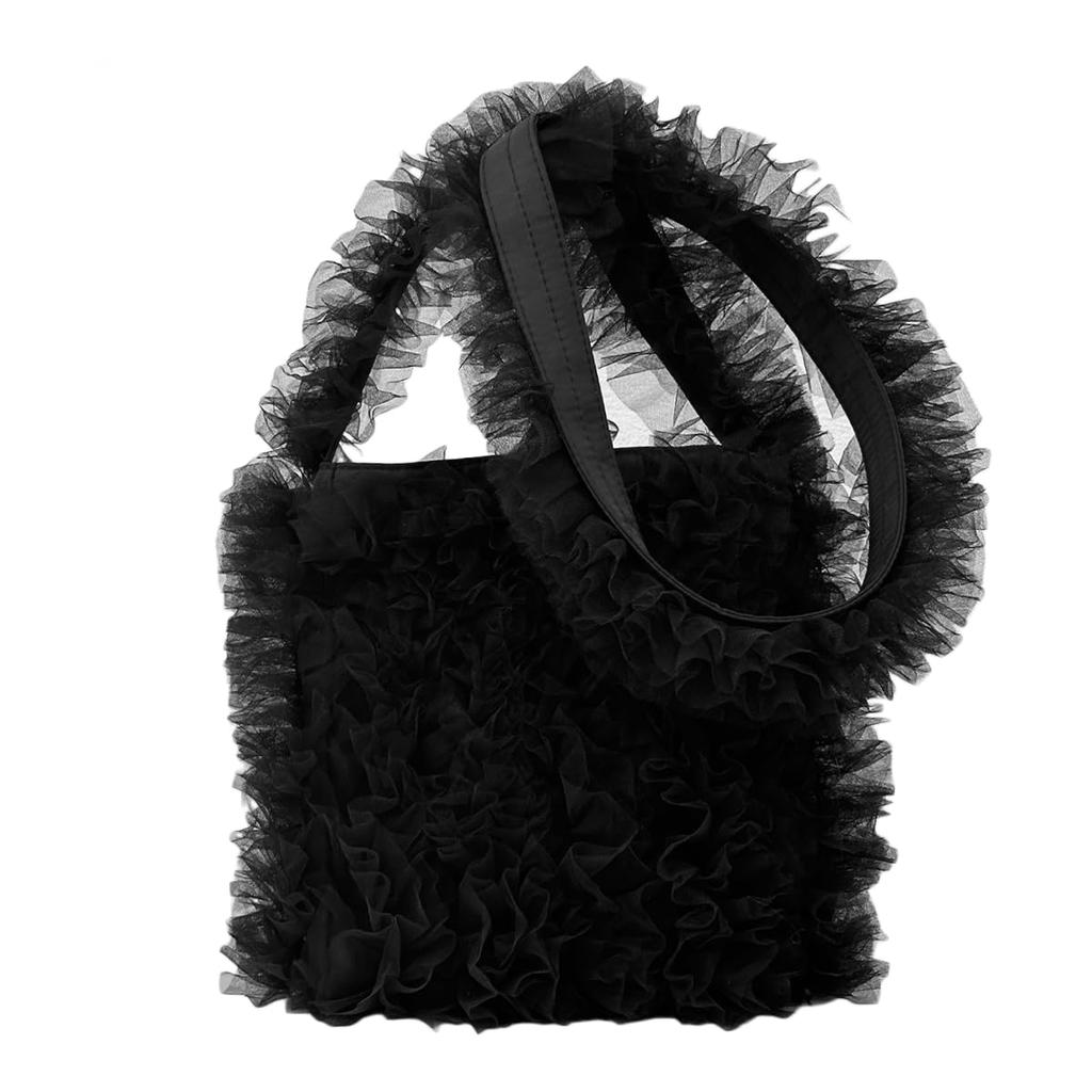 Shoulder Korean Ruffle Bag [DIVA Rose] Bag, Women's, Handbag, Ruffle, Cute, Lightweight, Handbag, Stylish, Tulle, (Black)