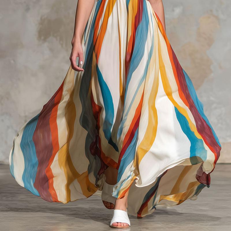 European and American Spring and Summer Women's Clothing, Wavy Striped Deep V Sleeveless Off-the-shoulder Loose Long Dress New