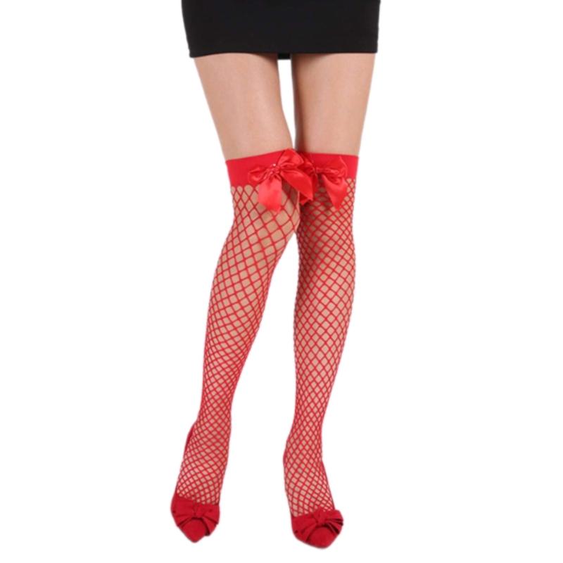Sweet Bowknot Accent Thigh High Long Socks for Women Halloween Cosplay Parties Fishnet Striped Thigh High Stockings