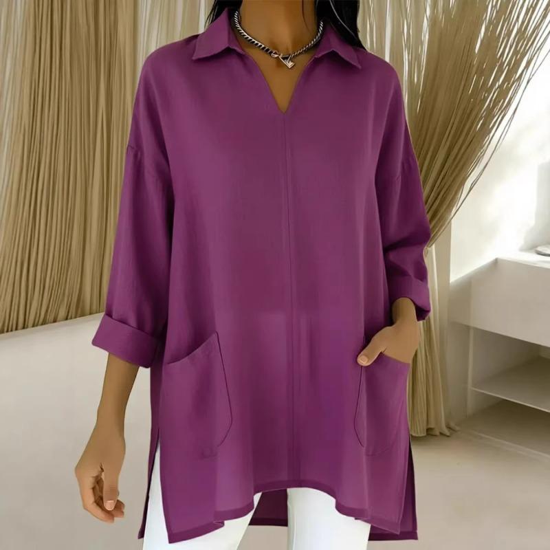 New Spring Women's Solid Color Simple and Versatile Loose Side Slit Mid-length Shirt