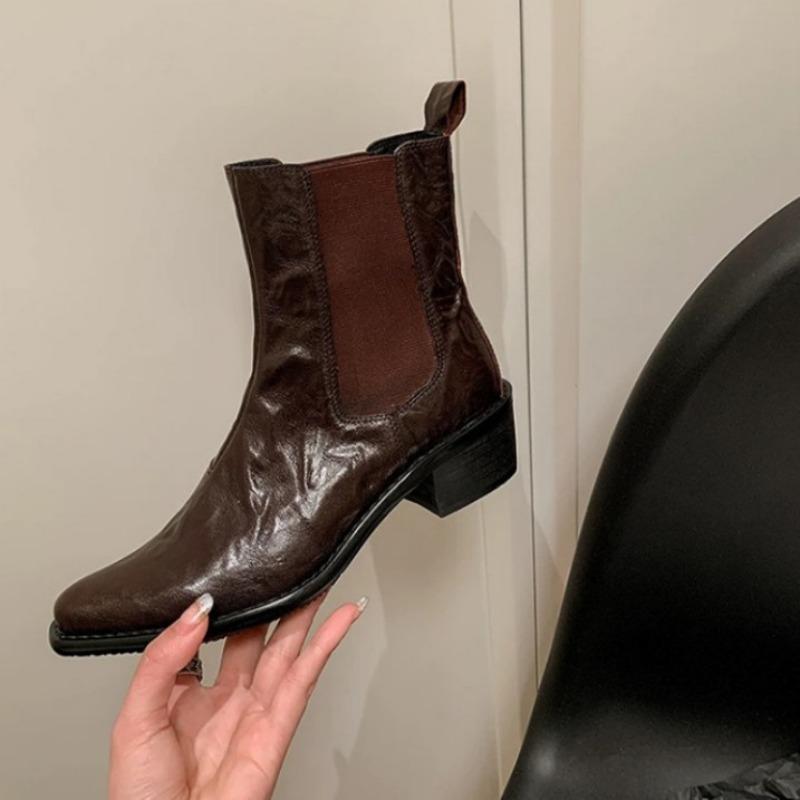 [] Legal Girls~ Square Head Washed Sheepskin Coarse Heel High Heel Elastic Short Boots Women's Skinny Boots