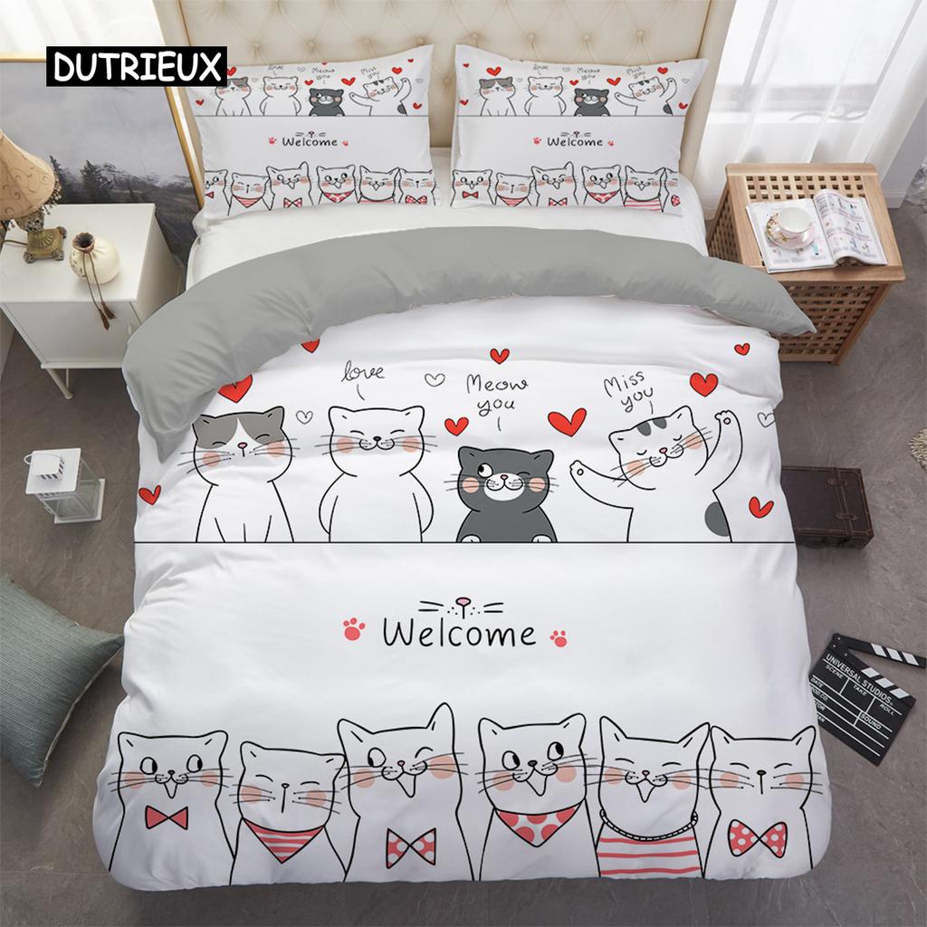 Home Textile Cartoons Cute Cat Quilt Cover Duvet Cover Pillow Case Boy Girl 2/3Pcs Polyester Bedding Set King Queen Twin Size