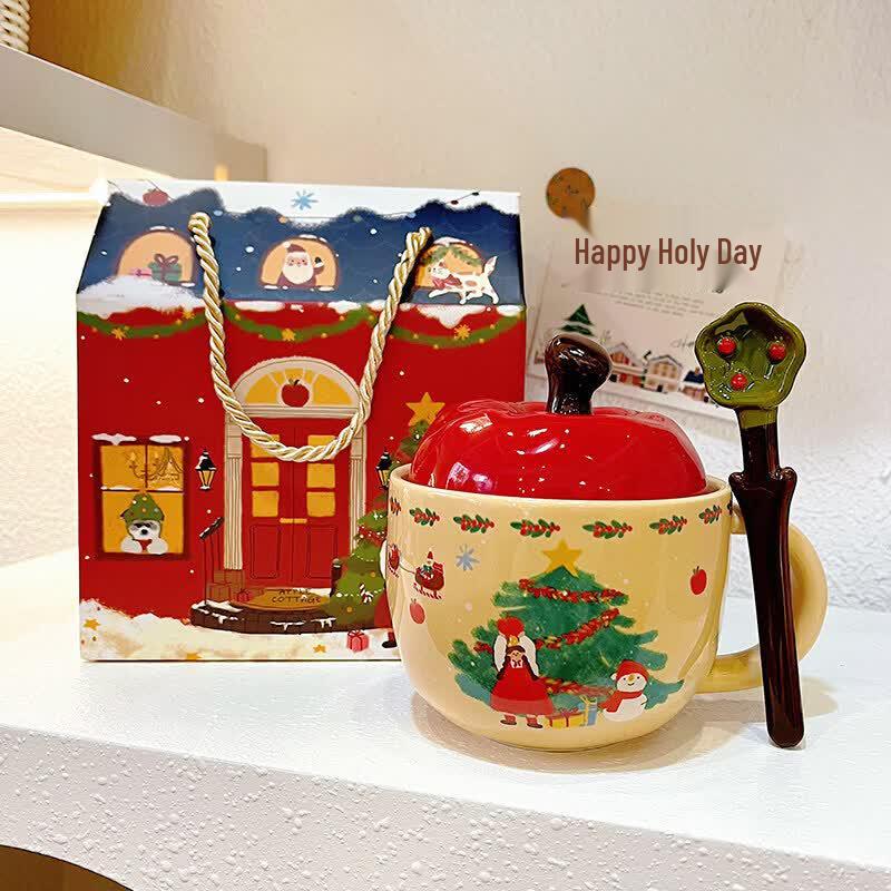 Cute Aesthetic Ceramic Mug with Lid and Spoon