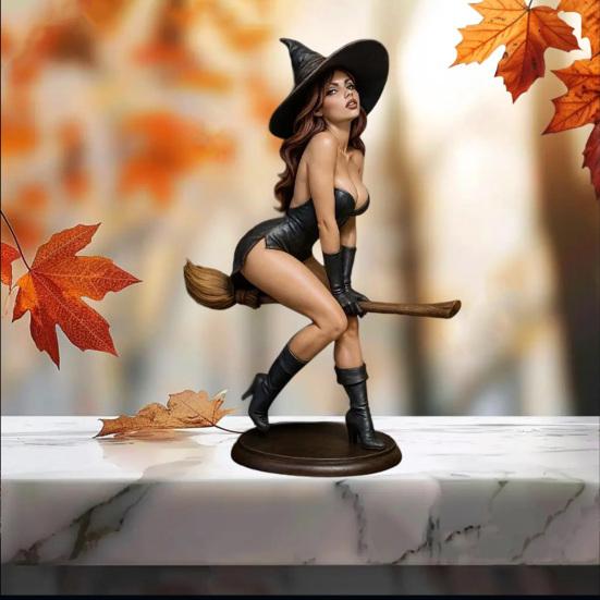 Sexy Witch Bookshelf Figurine Hand-Painted Resin Gothic Dark Fairy Witch Riding on Magic Broom Seductive Sorcery Witch Statue for Home Decor
