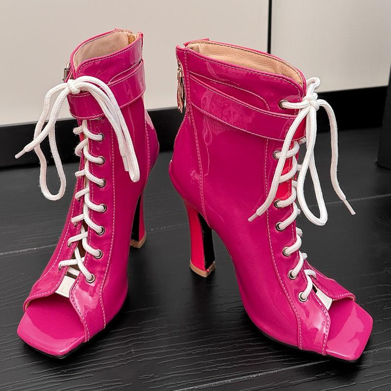 Peep Toe Ankle Boots Women's Summer Shoes 2025 White Blue Pink High Heels Sandals Ladies Lace-up Dance Wedding Shoes Big Size