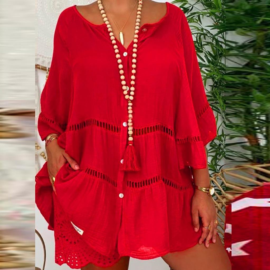 Women's Plus Size Solid Cotton And Linen Hollow Out V-neck Pullover Tops Shirt