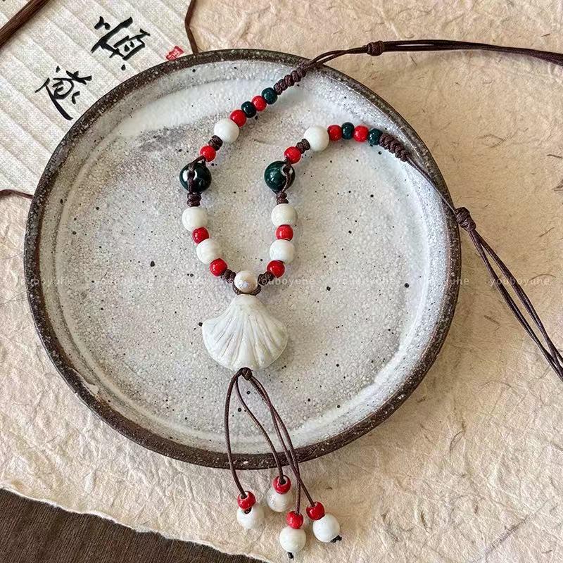 Bohemian Vintage Ethnic Necklace: Colorful Shell & Ceramic Beads On Braided Rope