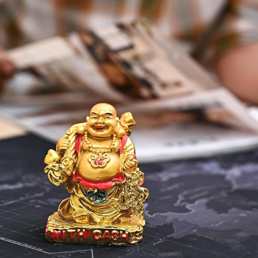 Einzugsgeschenke – Feng Shui Lachender Buddha mit Geldsack Figur | 9,5 cm Statue für Glück, Freude und Wohlstand