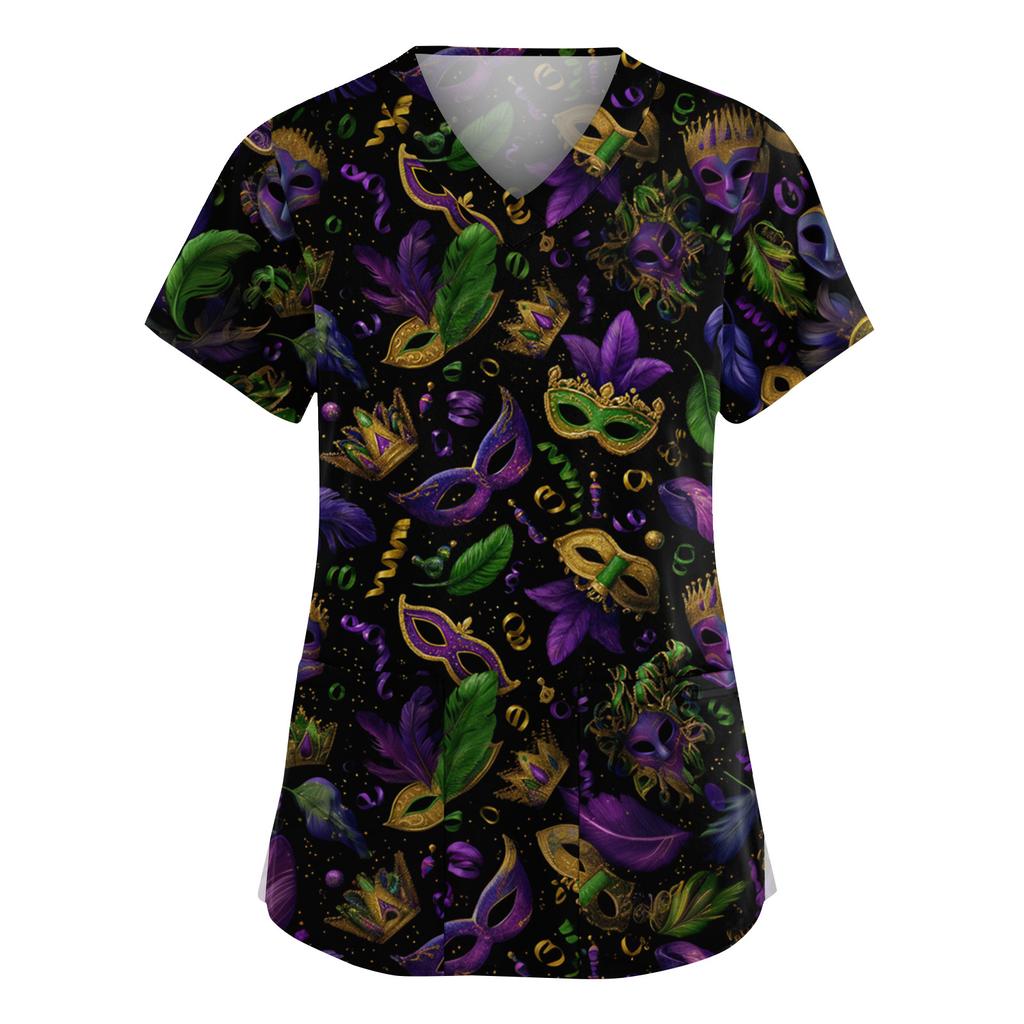 Women's Fashion V-Neck Short Sleeve Overalls With Pockets  Print Tops  Clothes