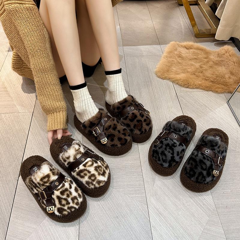 Thick-soled Plush Bag Head Half-towed Cotton Shoes, Women Wear Autumn and Winter New Internet Celebrities Popular Leopard Print Fluffy Slippers